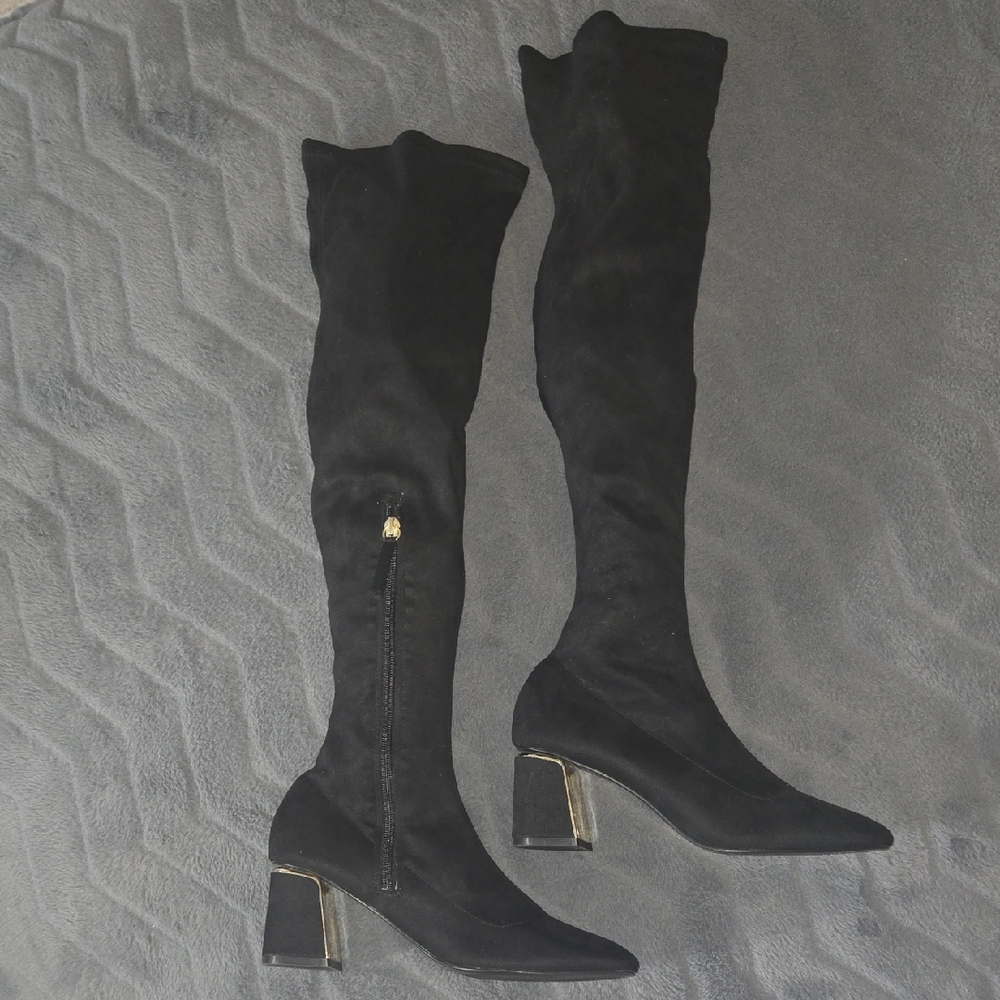 Zara Black Over-the-Knee Boots with Metallic Heel
